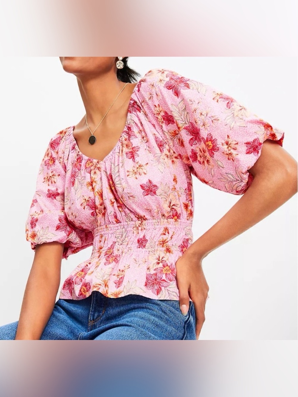 NWT—LOFT Lily Gathered Waist V-Neck Blouse, XS